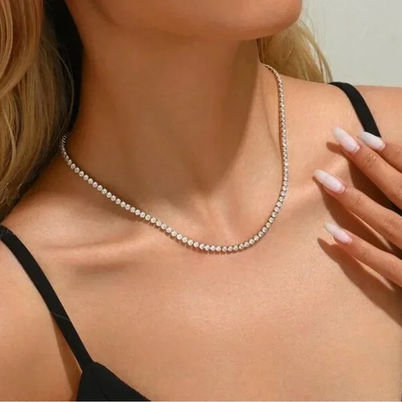 18k Gold Plated Tennis Necklace with Sparkling Cubic Zircon Accent Gems. New. - Picture 4 of 11